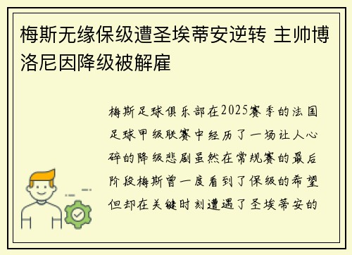 梅斯无缘保级遭圣埃蒂安逆转 主帅博洛尼因降级被解雇